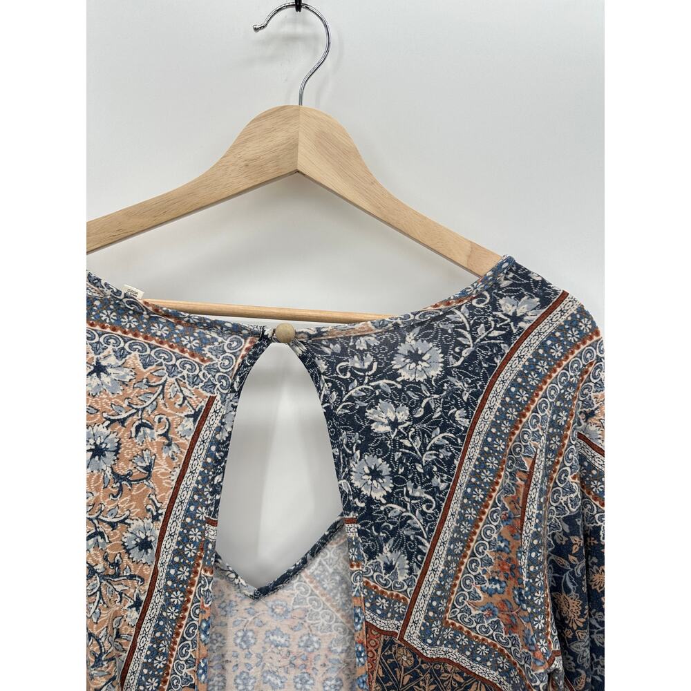 Earthbound Trading Co Blue Tan Floral Long Sleeve Romper Open Back Boho Women XL - Picture 7 of 9
